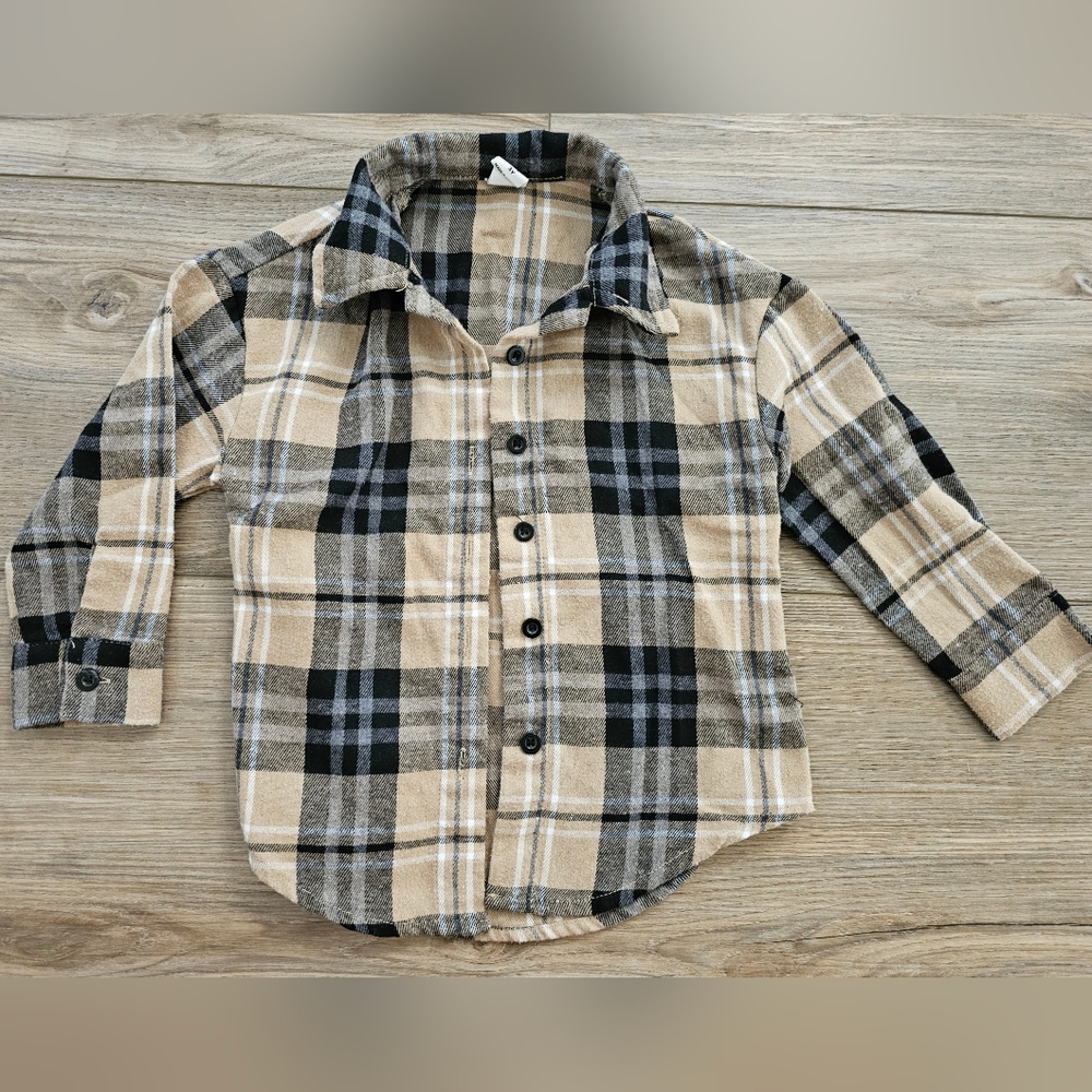 Kids Plaid Button Down Shirt in Black and Tan